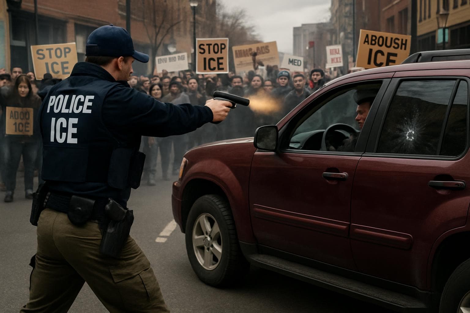 ICE agent firing at maroon SUV during Minneapolis protest