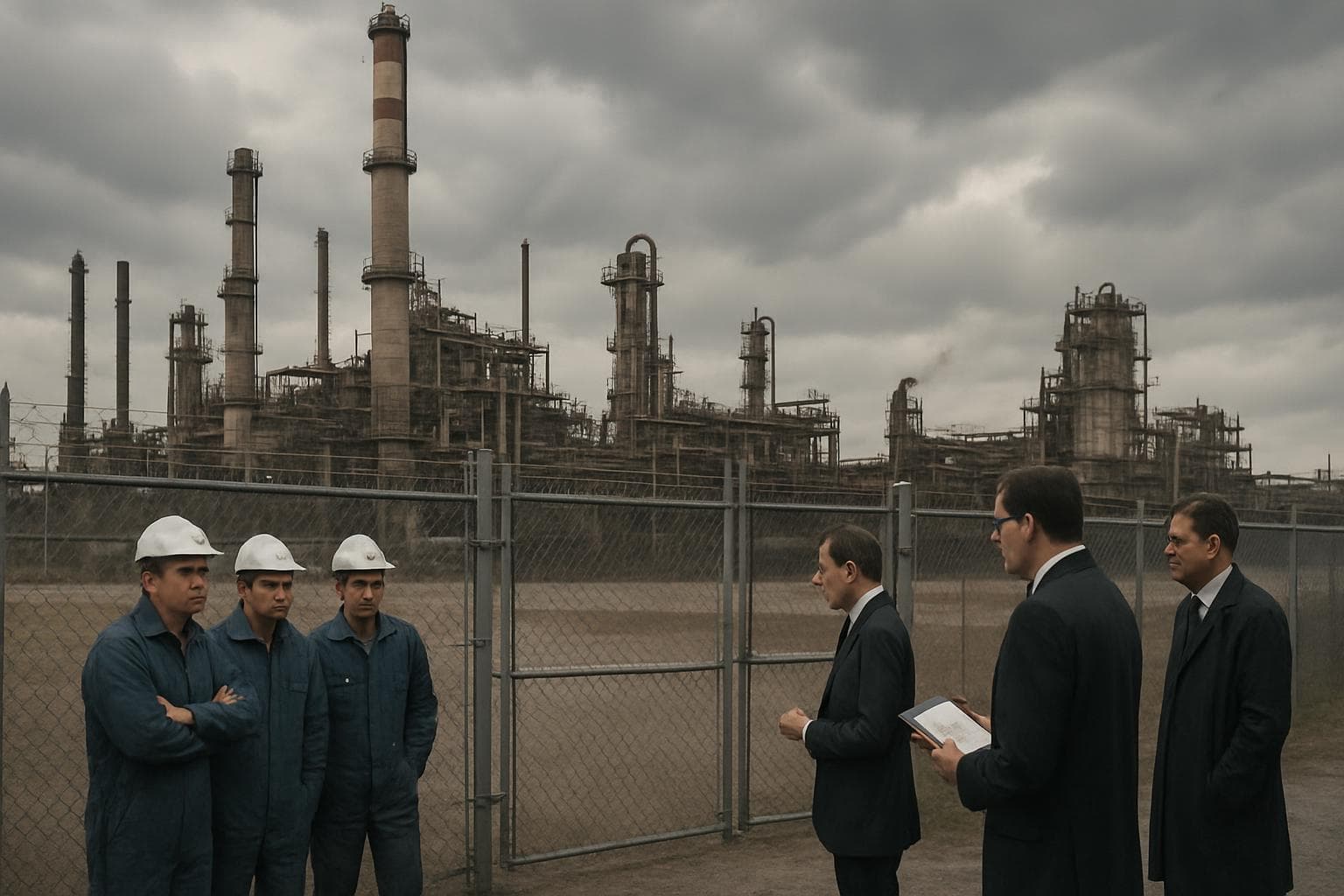 Idle oil refinery with workers and officials at the gate