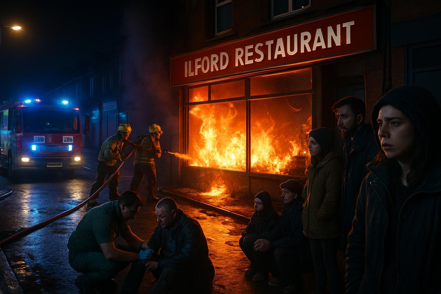 Firefighters tackling flames at Ilford restaurant at night