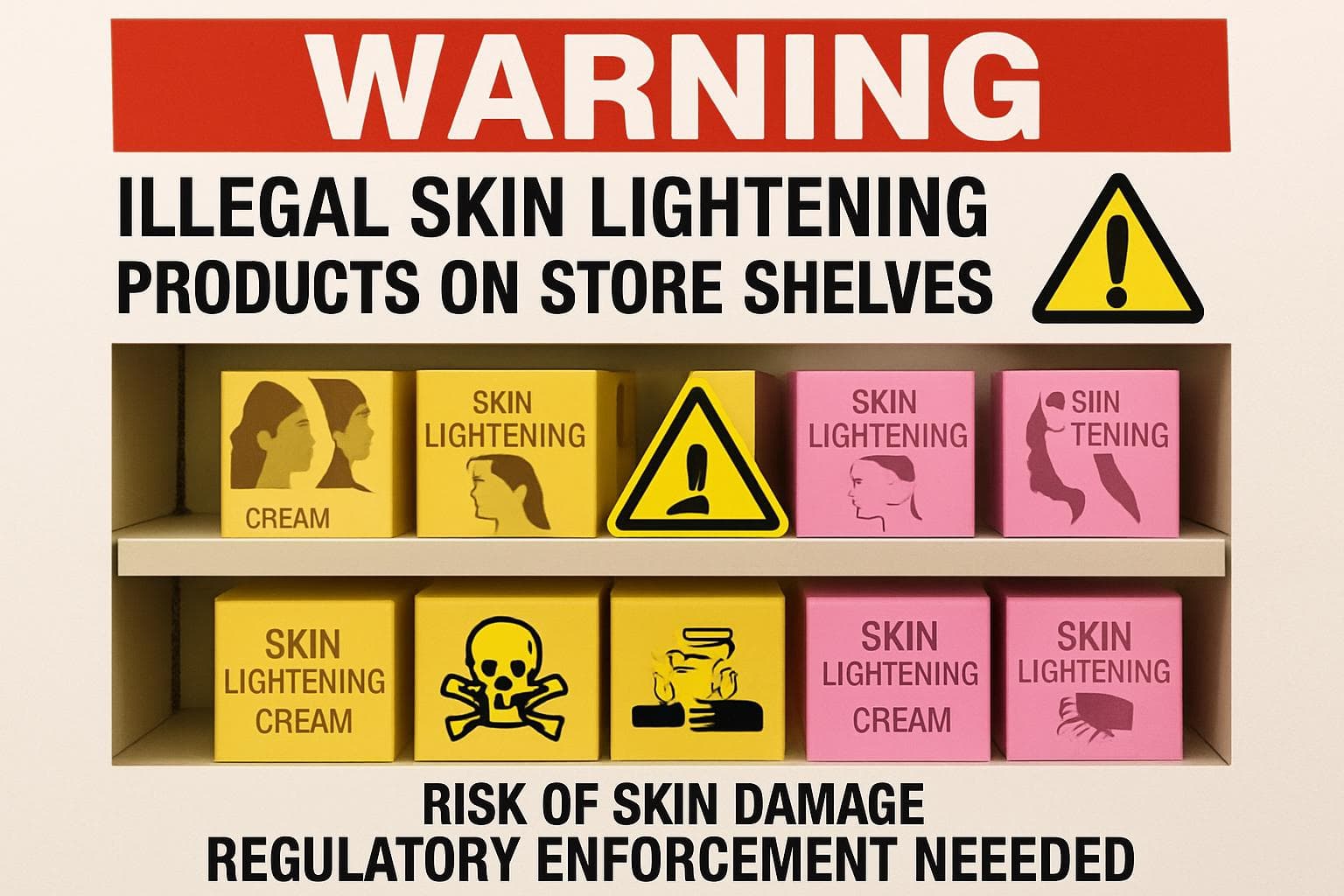 Illegal skin lightening products with hazardous labels on shelves