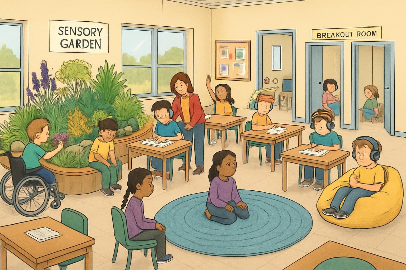 Classroom with sensory garden and breakout rooms for special needs