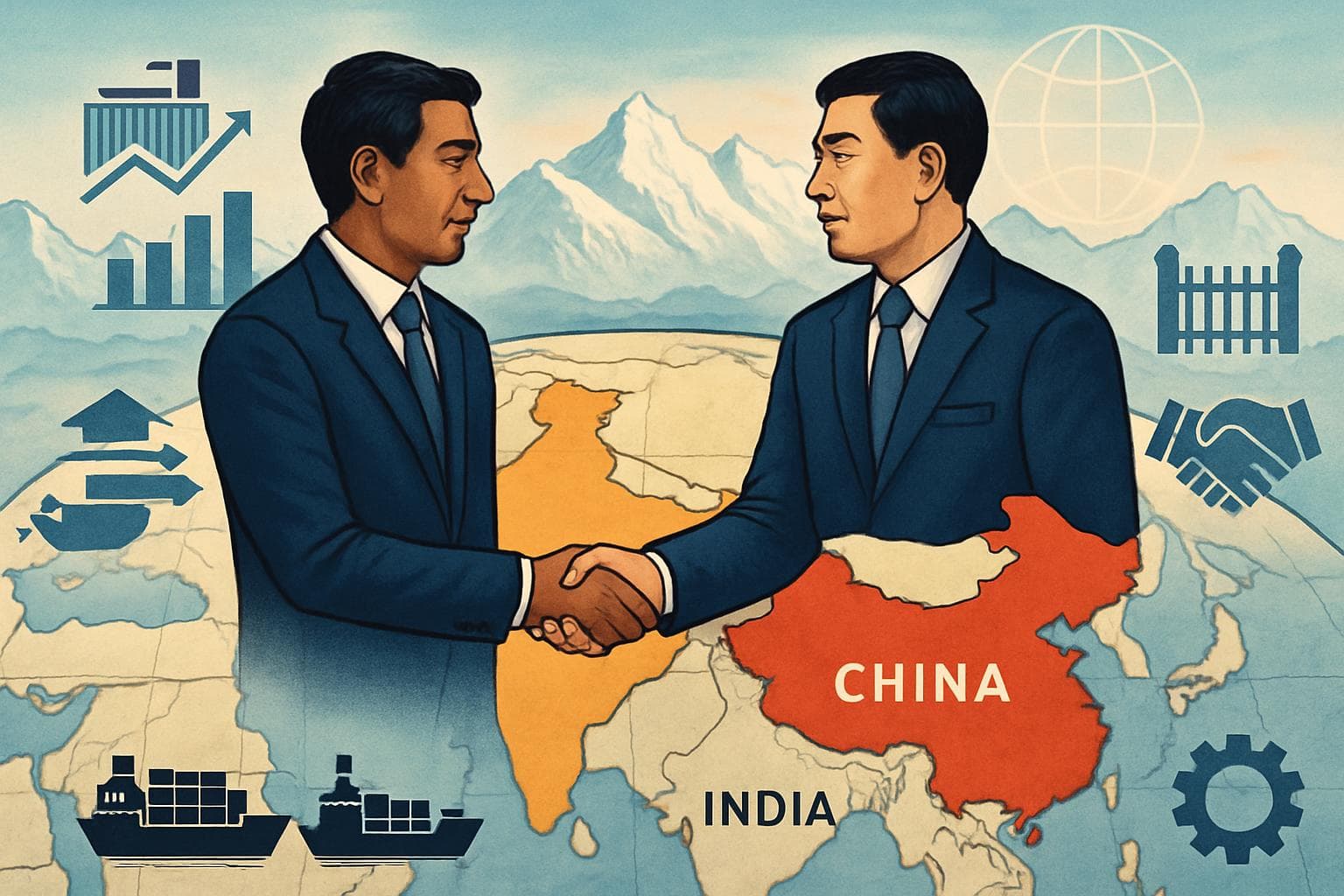 Two diplomats shaking hands over a map with India and China