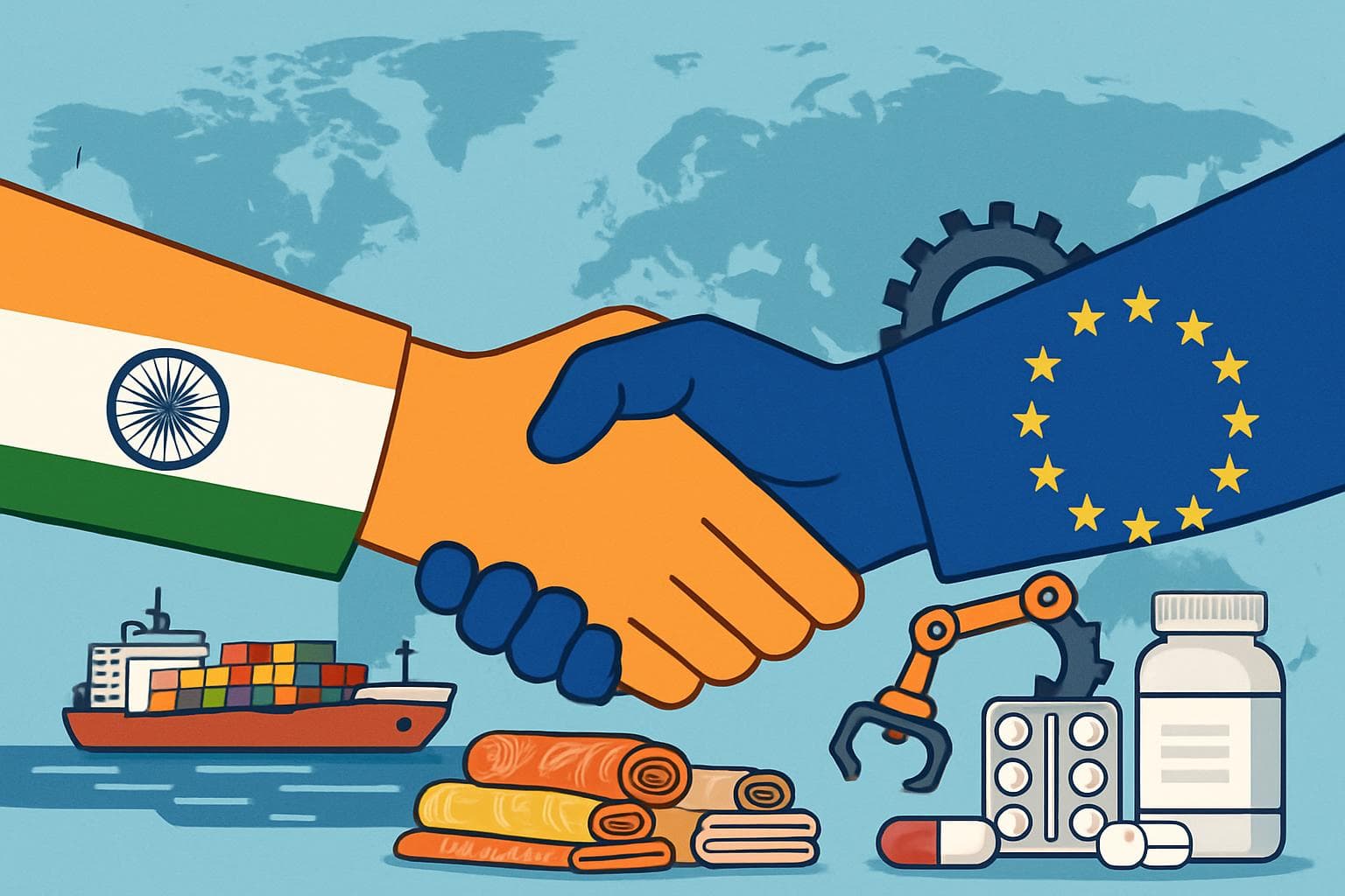 Handshake between India and EU with trade symbols