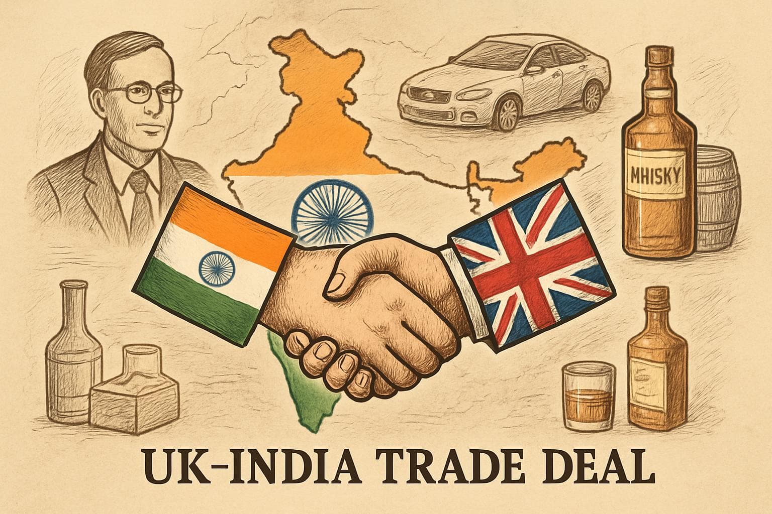 Indian and UK flags united in a handshake over a map