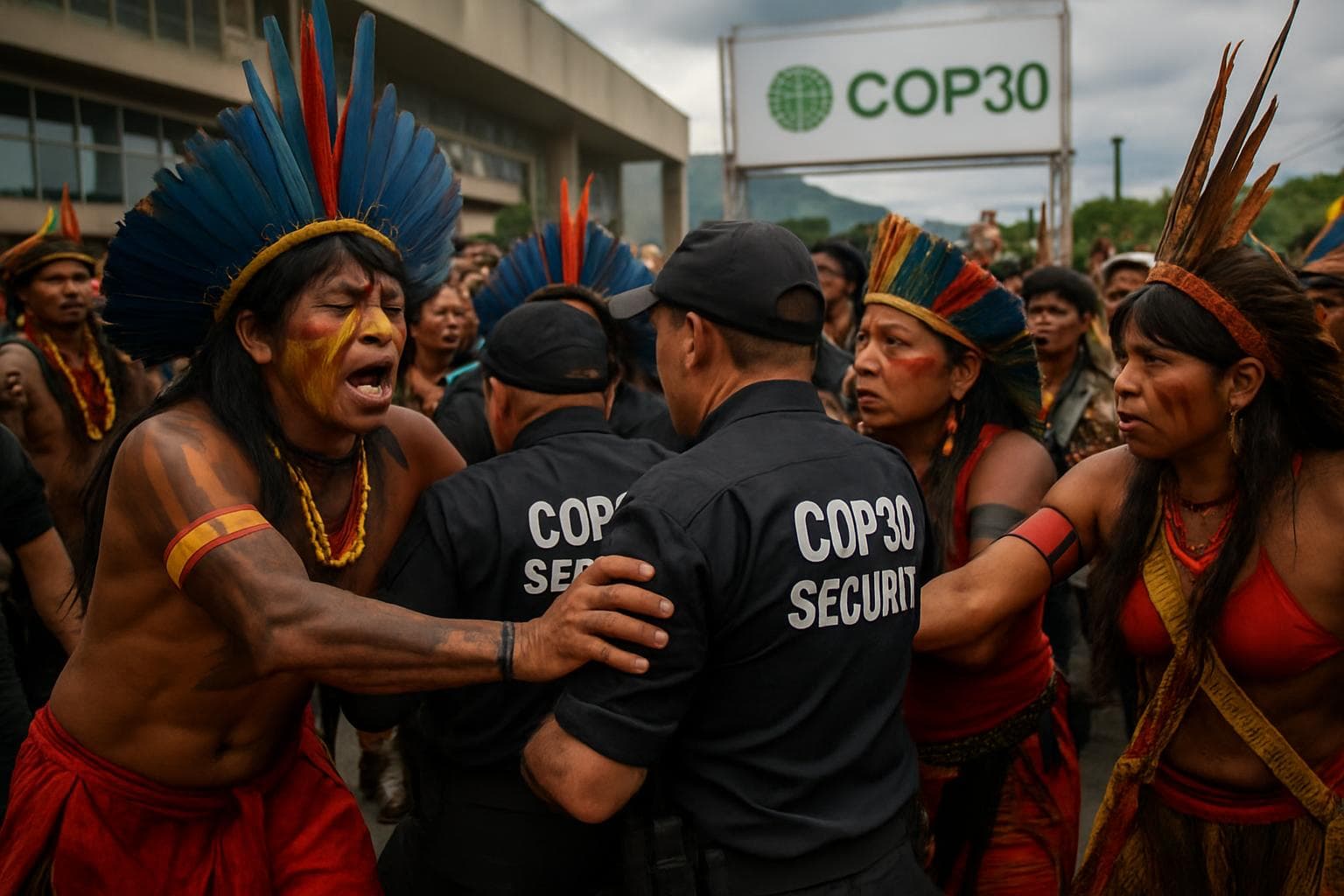 Indigenous protesters in traditional attire clash with security at COP30