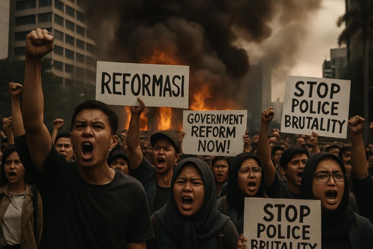 Indonesian protesters in Jakarta holding signs with smoke in background