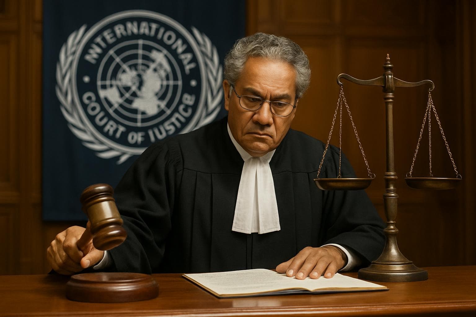 Judge at International Court of Justice with gavel and scales