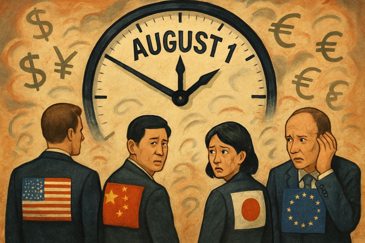 Figures from various countries facing a clock labeled August 1