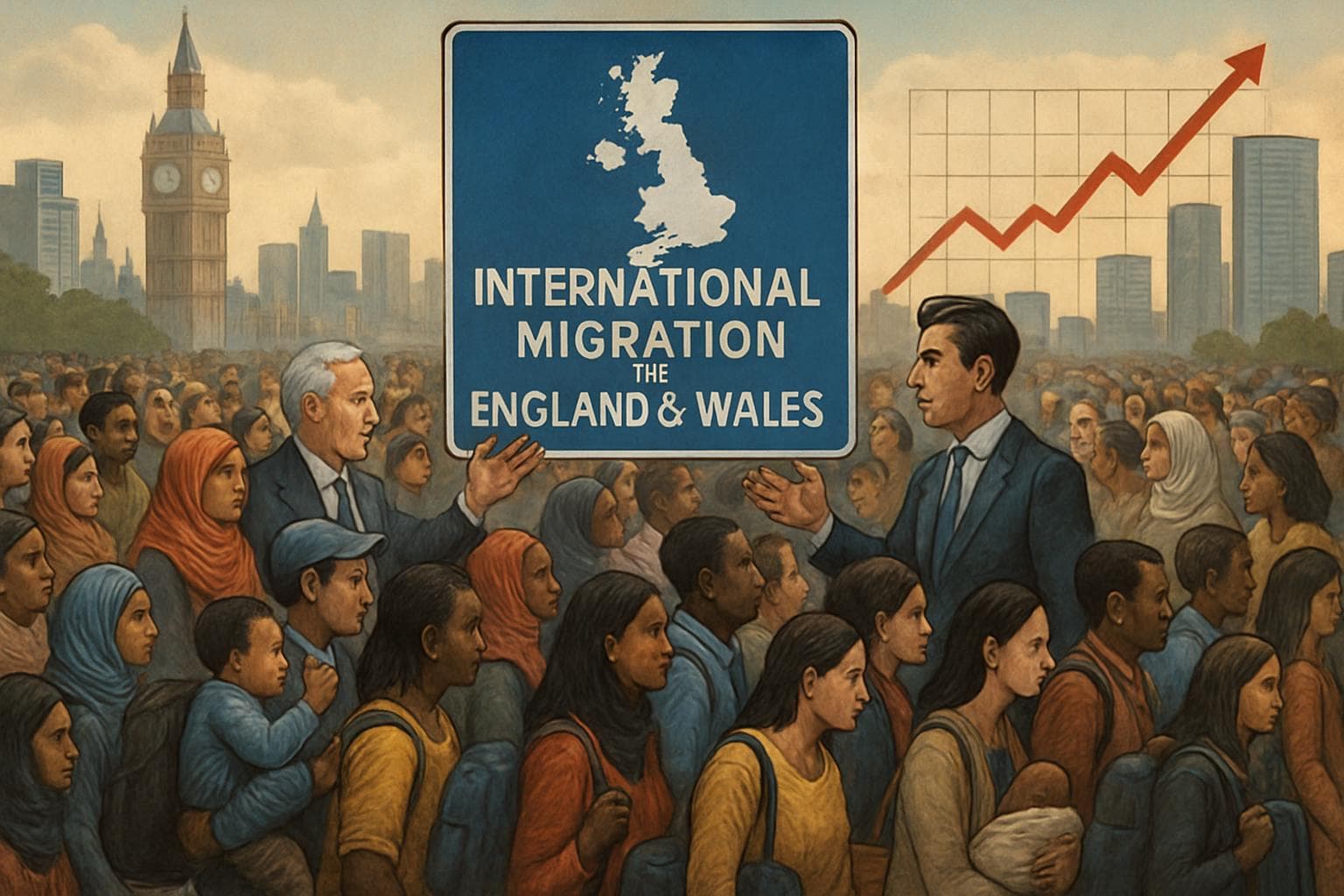 Diverse crowd with leaders discussing immigration in cityscape