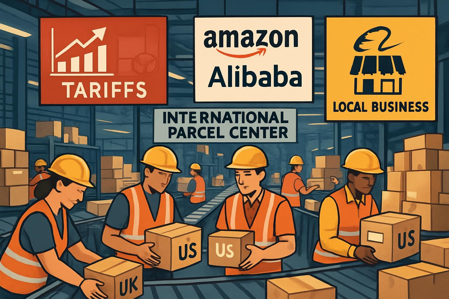 Workers sorting packages marked UK and US at parcel center