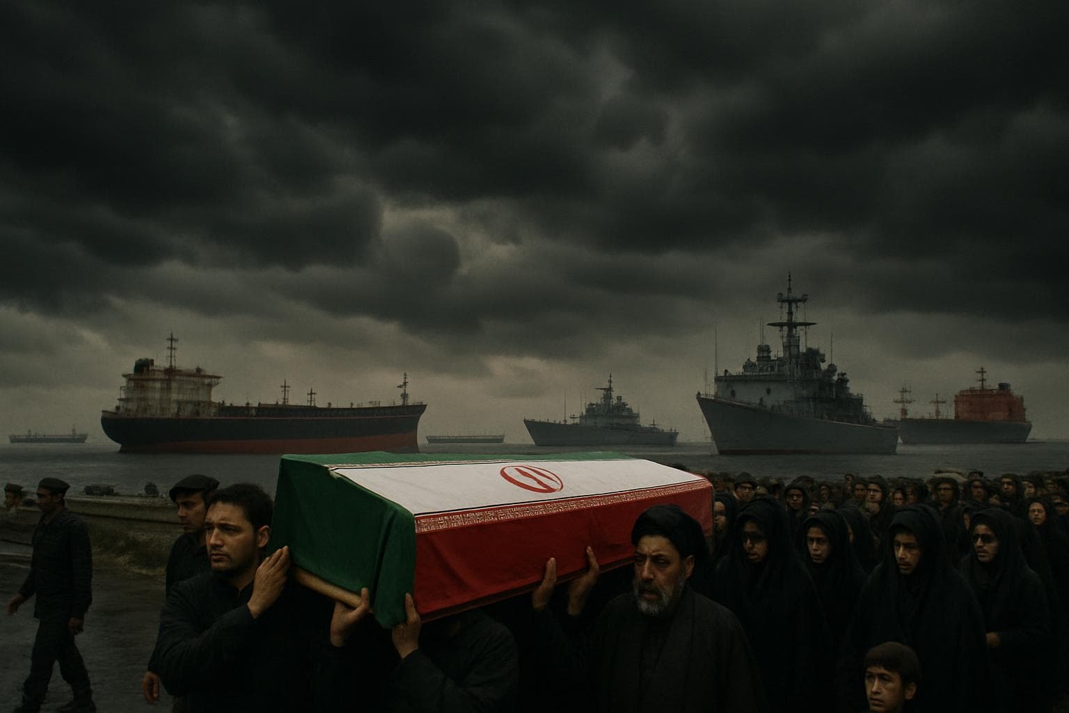 Funeral procession in Iran with military ships in background