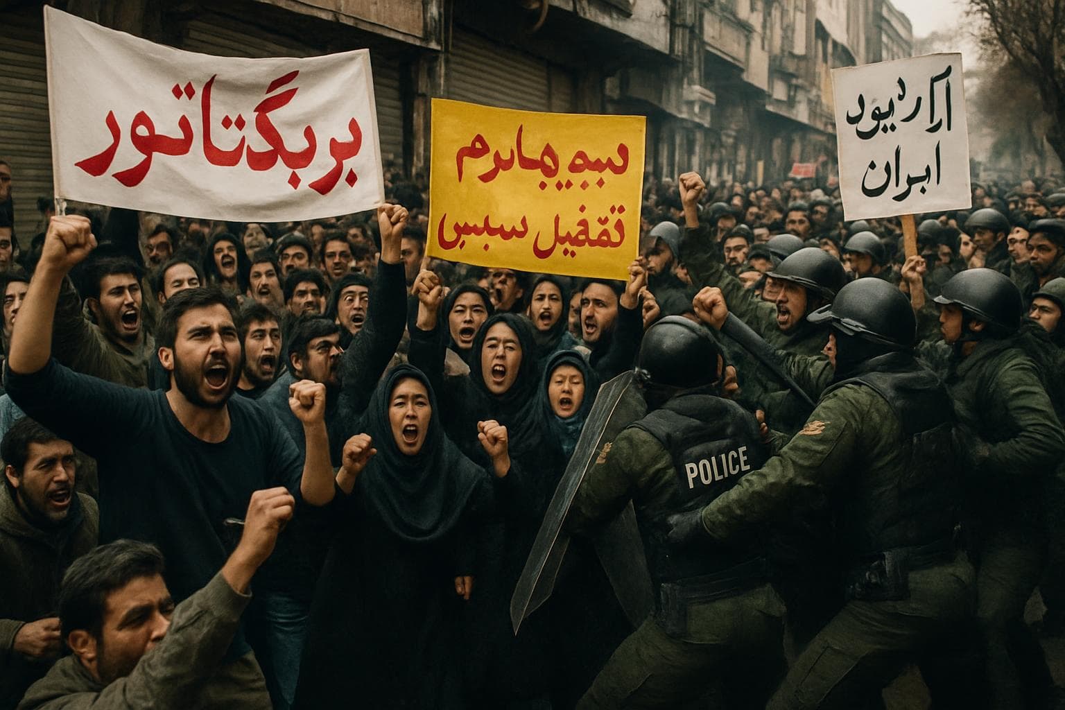 Crowds protesting in Iran with security forces present