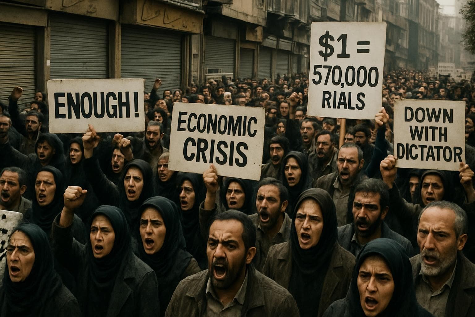 Iranian citizens protesting in streets with closed shops