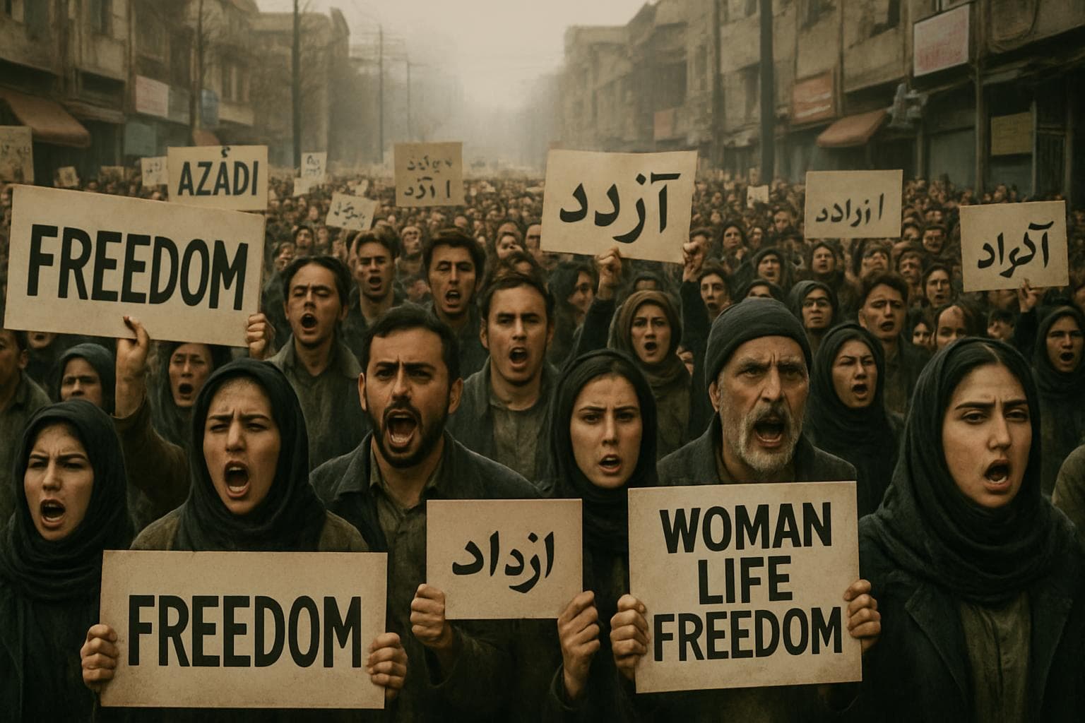 Protestors in Iran holding signs and chanting in the streets