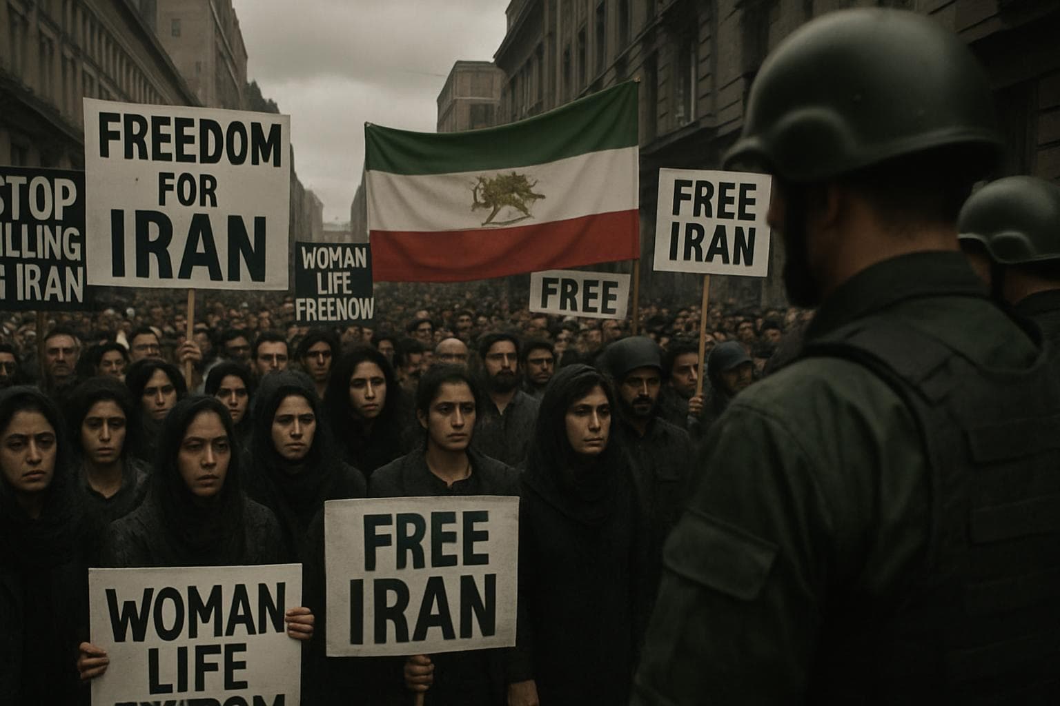 Diverse Iranian protesters holding signs in a city street