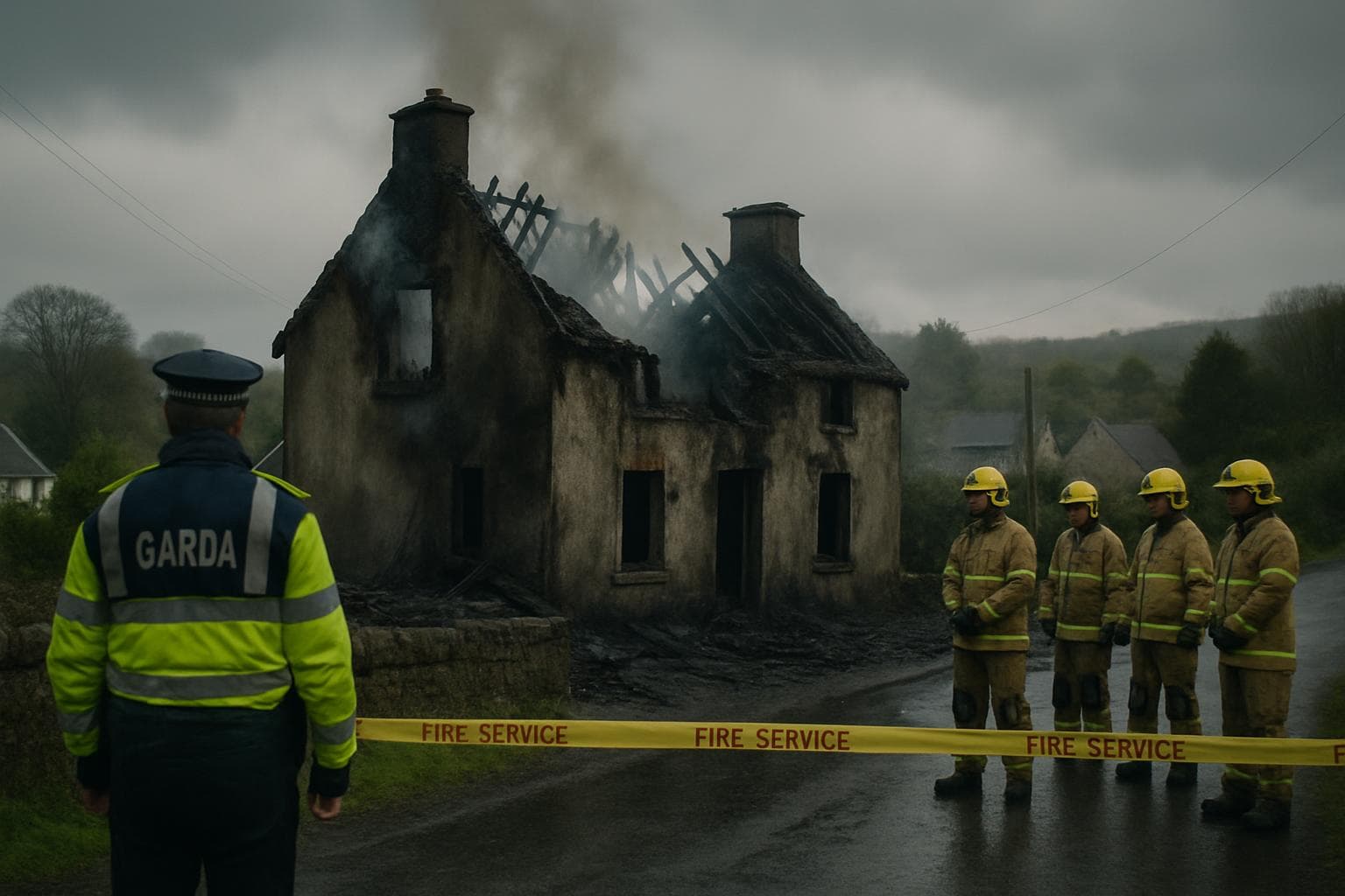 Emergency responders at a burnt house in rural Ireland