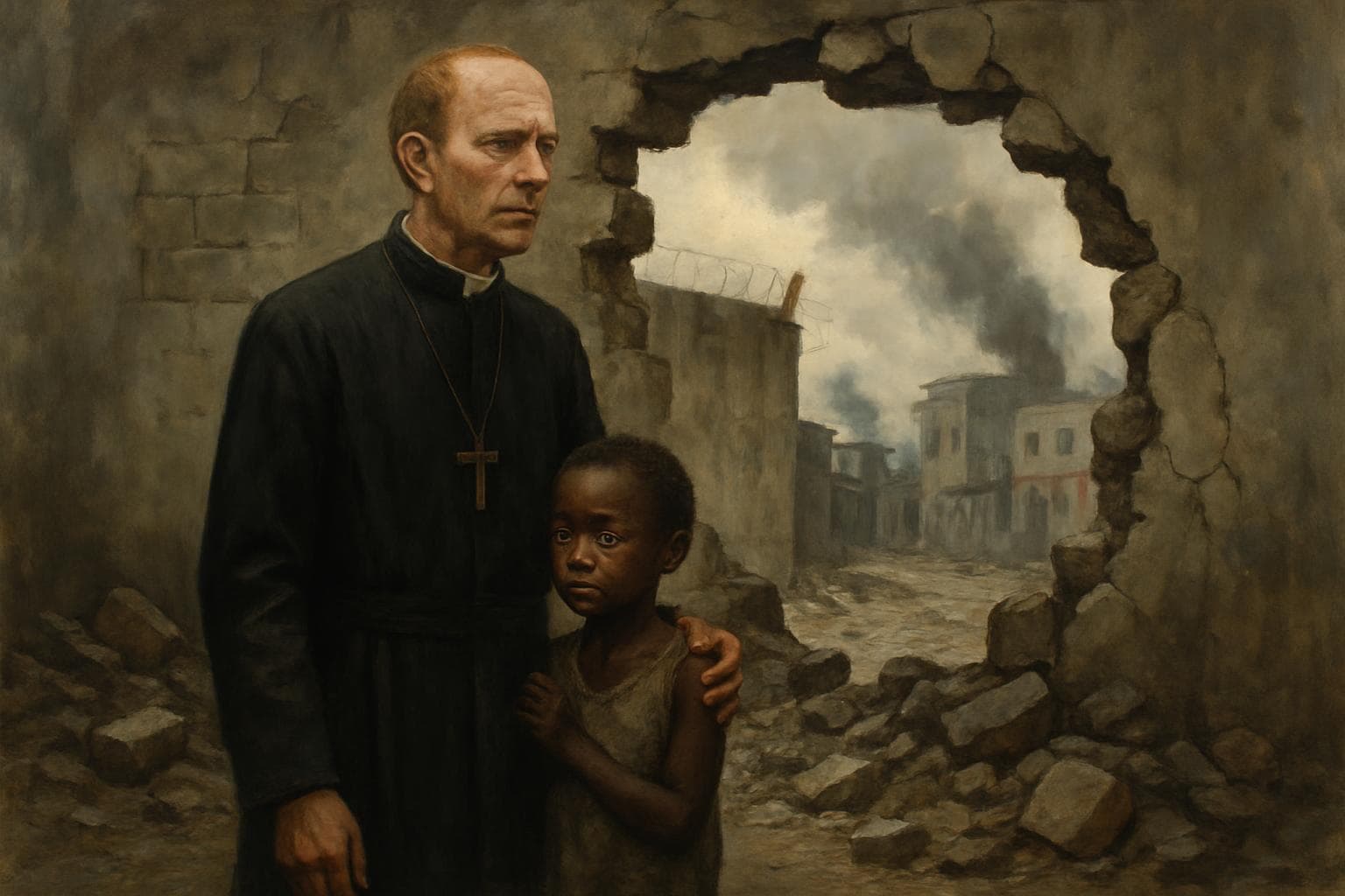 Irish missionary and child outside breached orphanage wall