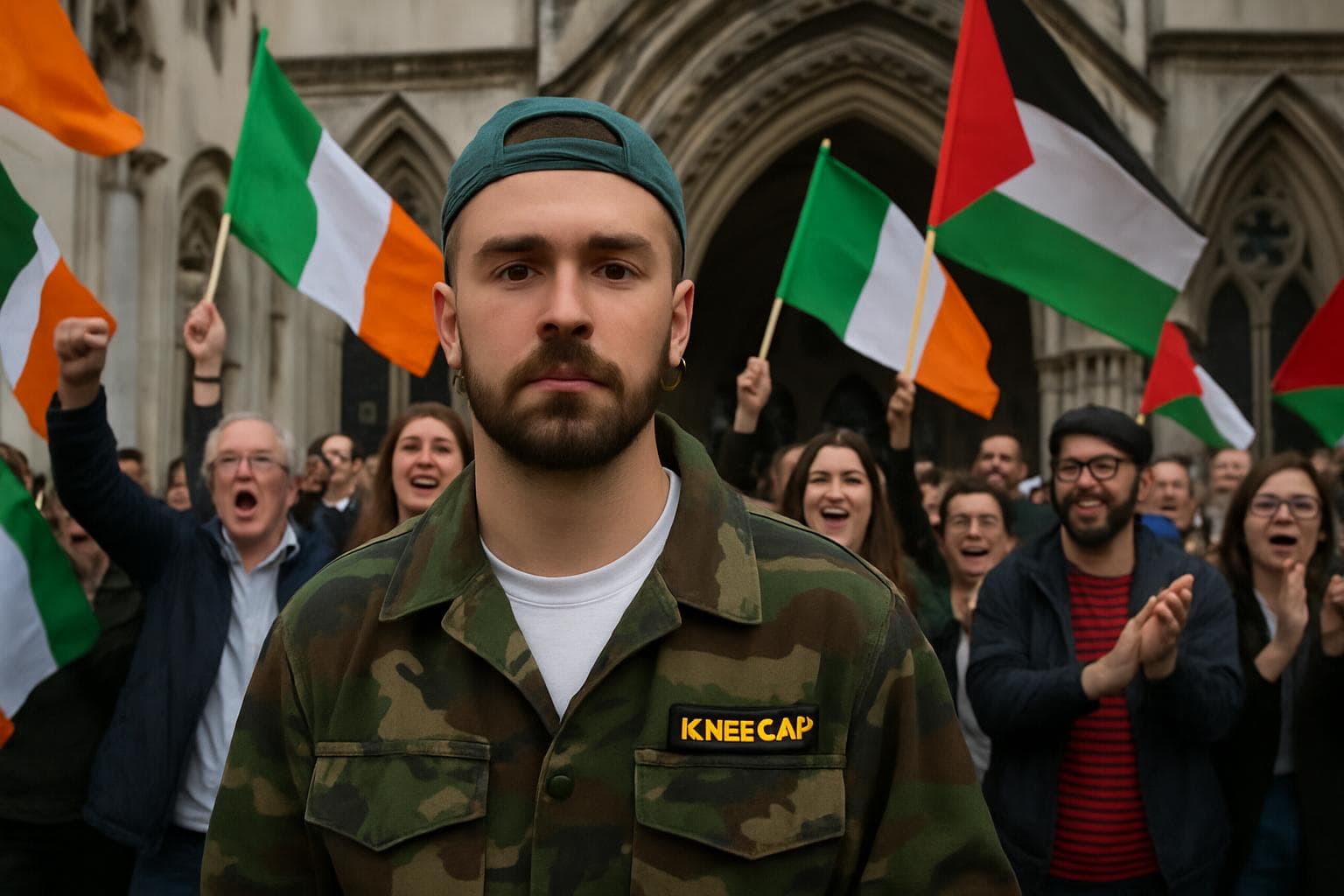 Irish rapper from Kneecap outside London court with flags