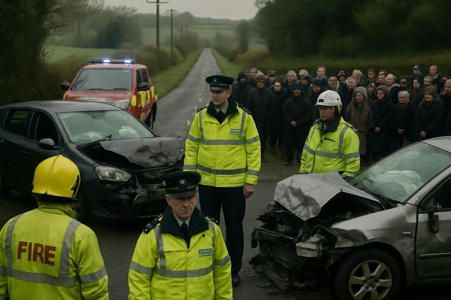 Two damaged vehicles on a rural Irish road with responders