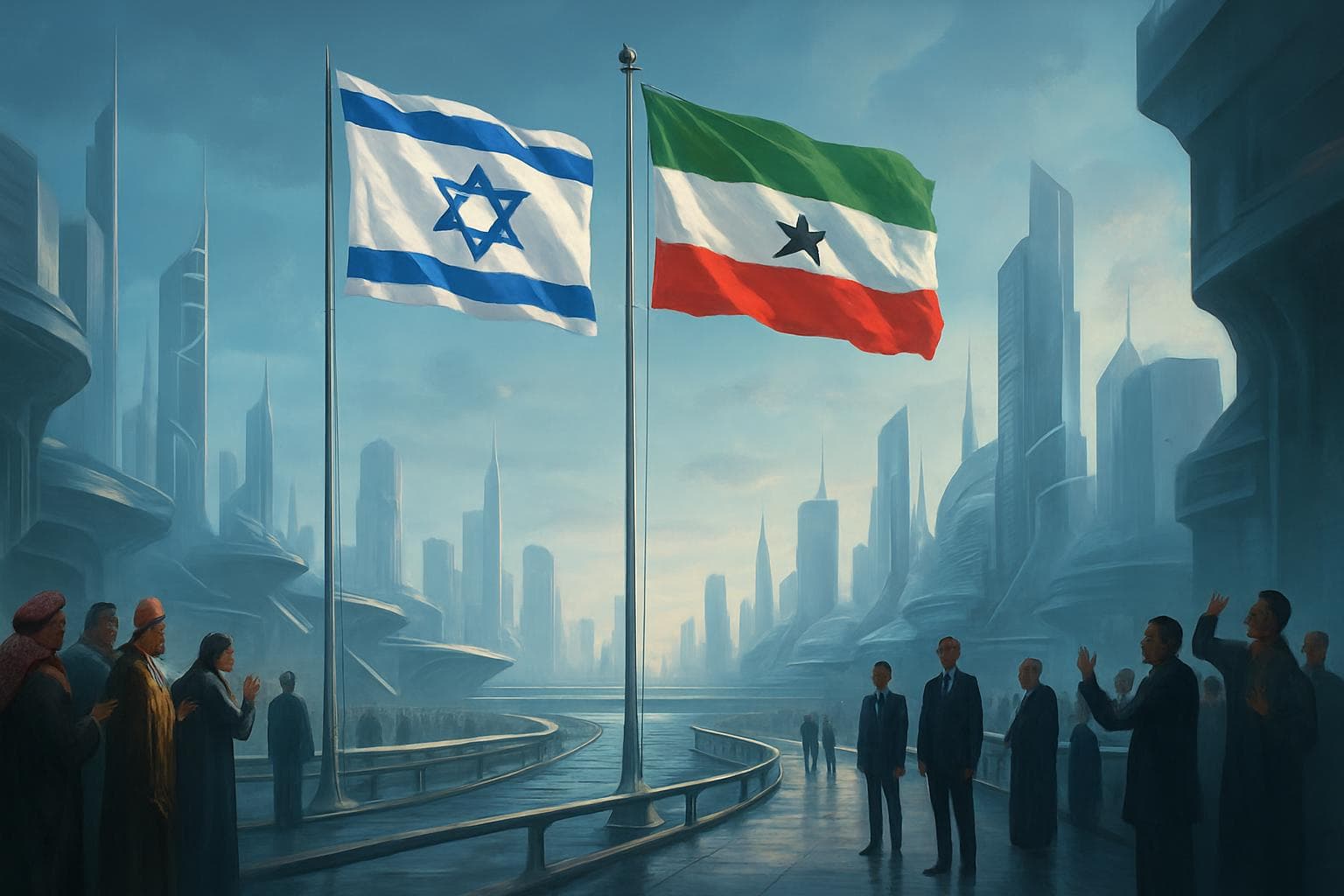 Israel and Somaliland flags raised in a futuristic city