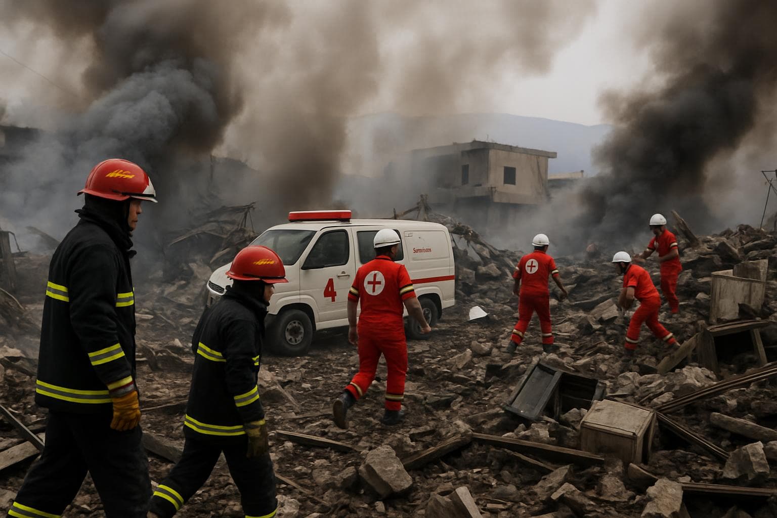 Emergency crews amidst smoke and debris in Bekaa Valley
