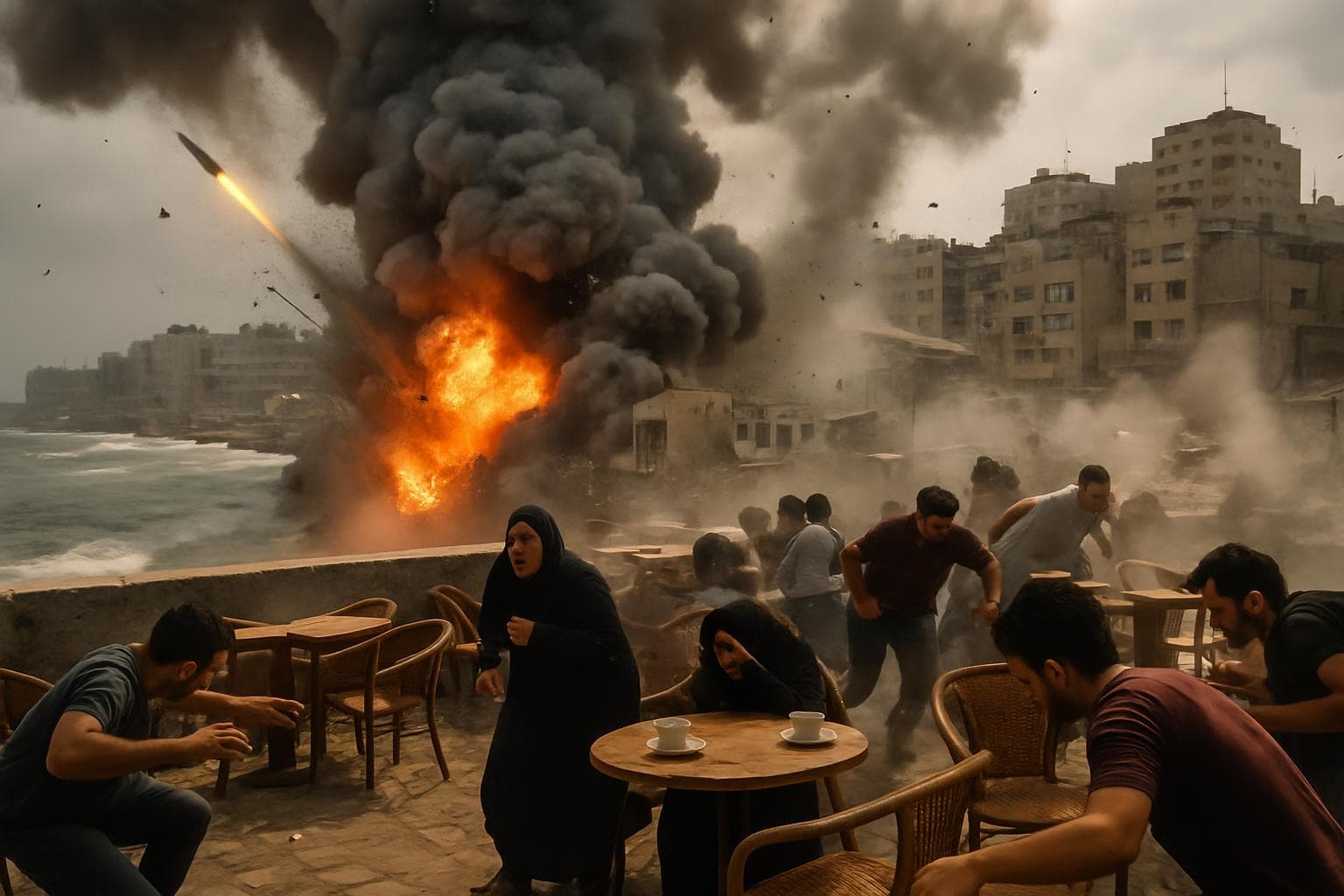 Israeli airstrikes hitting a seaside cafe in Gaza City