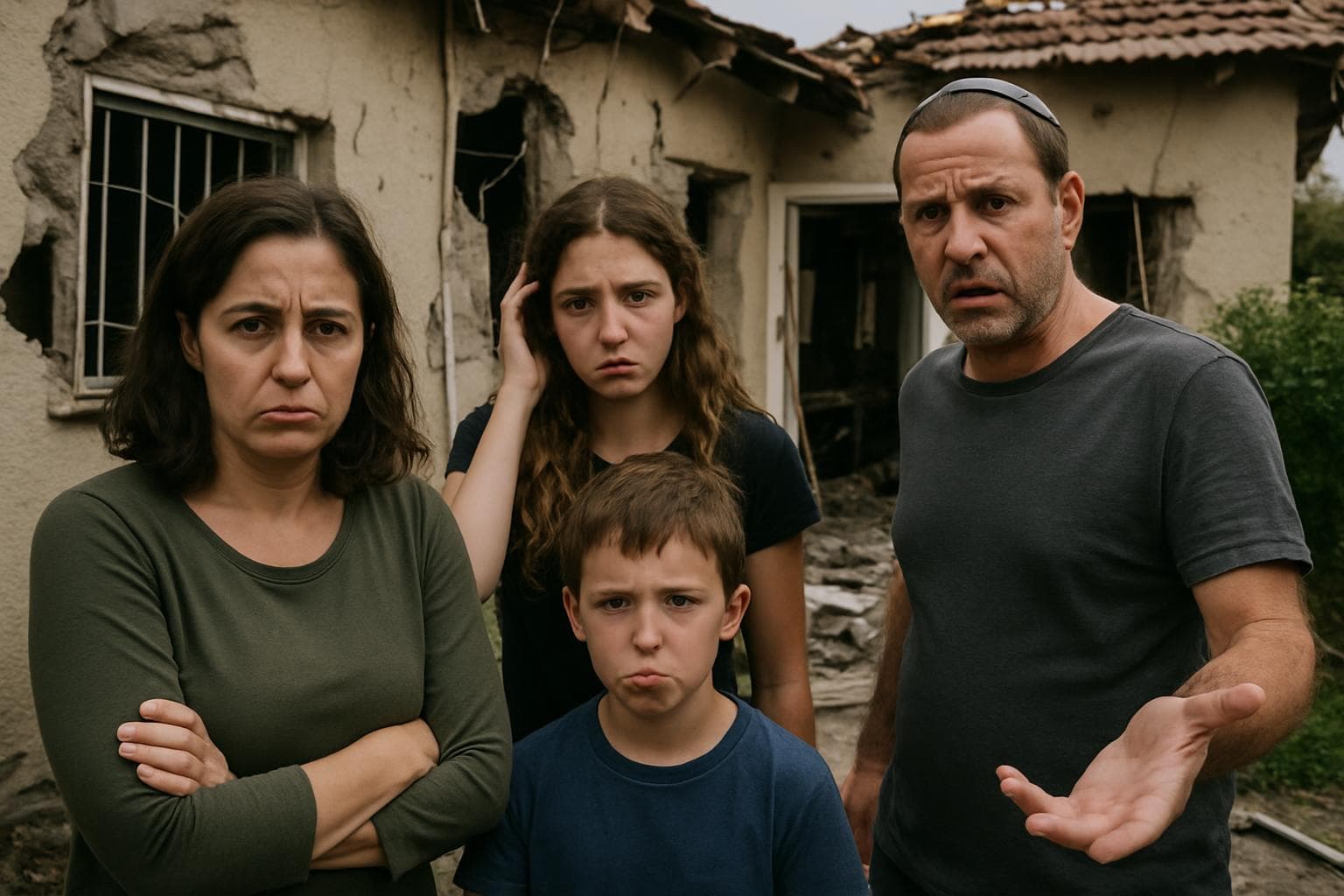 Israeli family outside damaged home near Gaza border