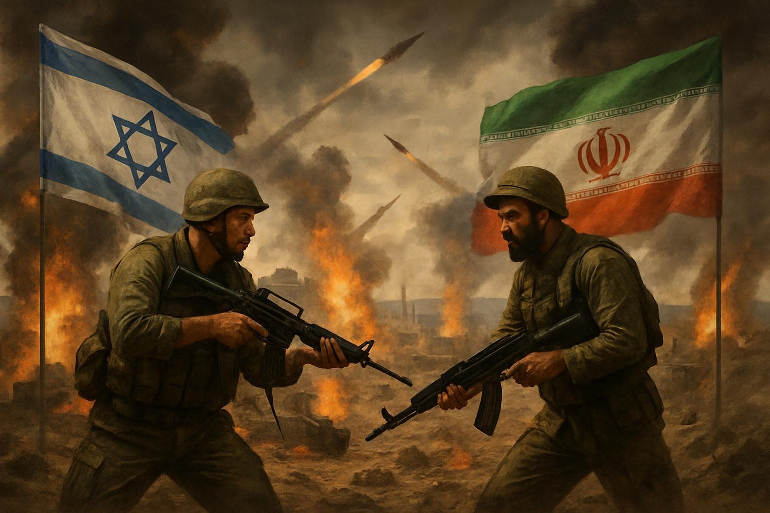 Middle Eastern landscape with Israeli and Iranian forces