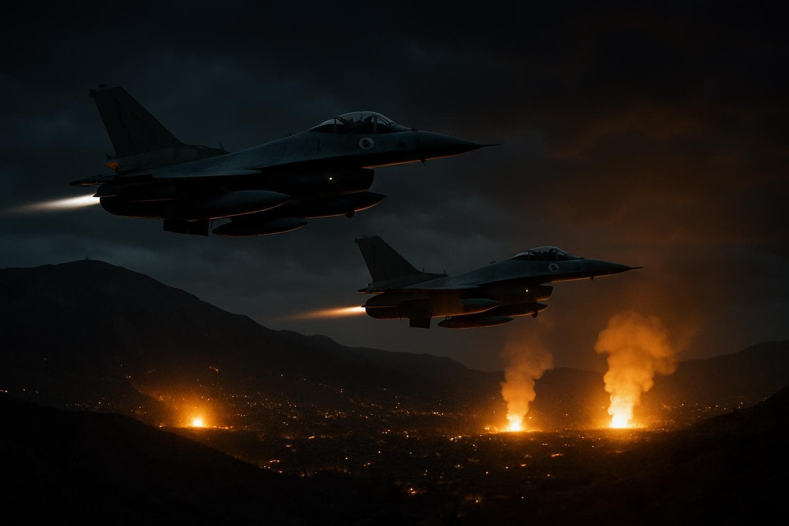 Israeli jets flying over Syrian landscape with explosions