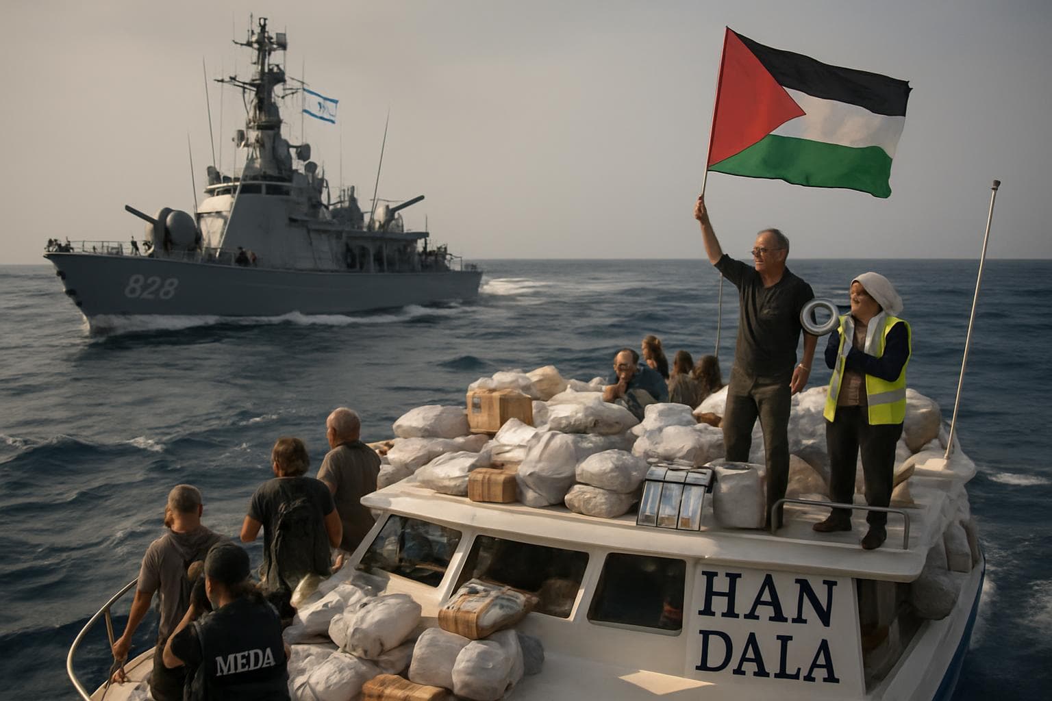 Israeli navy vessel intercepting Gaza-bound aid ship Handala