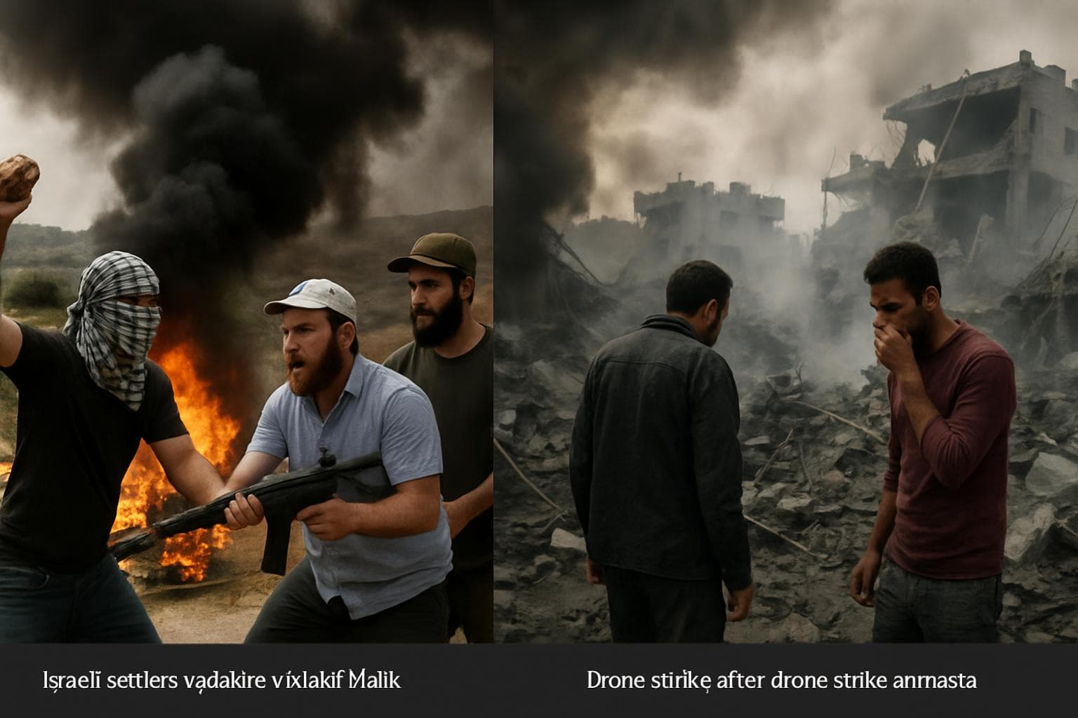 Smoke and fire in West Bank village with drone strike aftermath in Gaza
