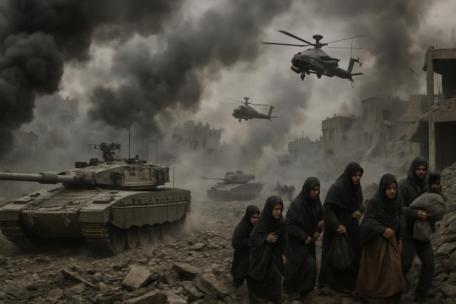 Israeli tanks and aircraft amid smoke in Gaza