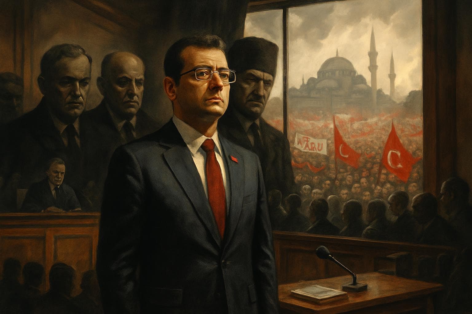 Istanbul Mayor Ekrem İmamoğlu in a courtroom with protests outside