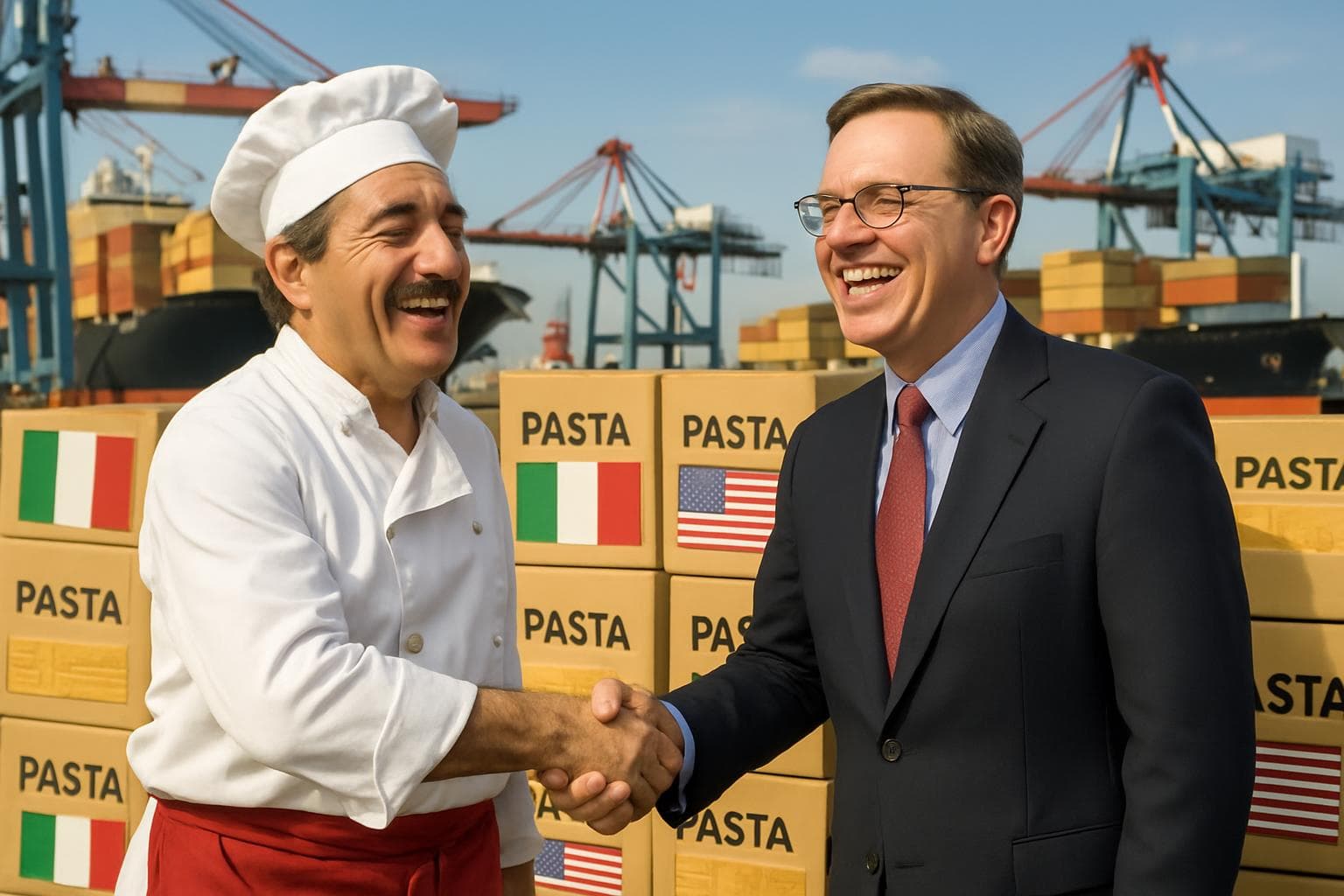 Italian pasta maker and American official shaking hands at a port