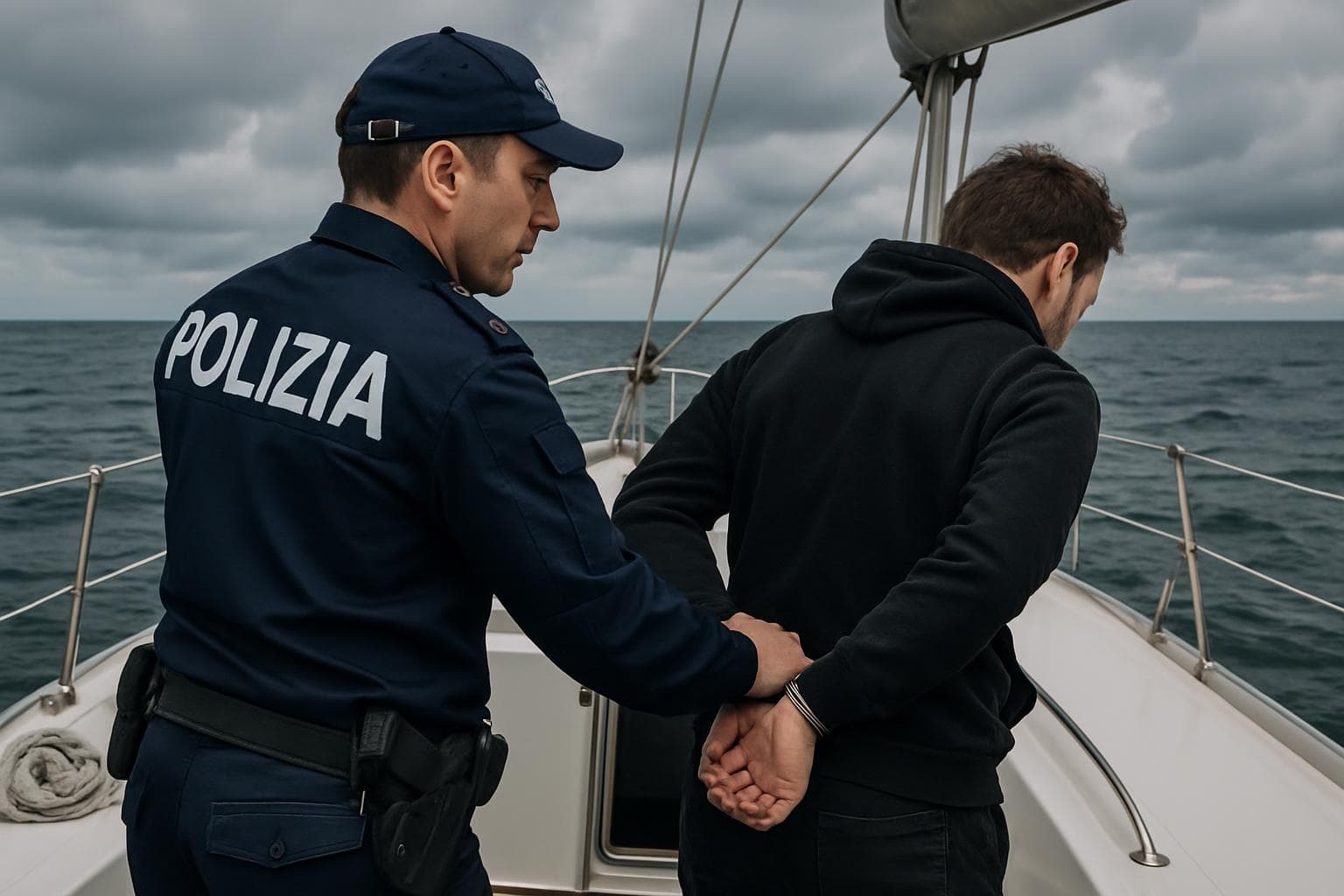 Italian police arresting a man on a yacht near the Baltic Sea