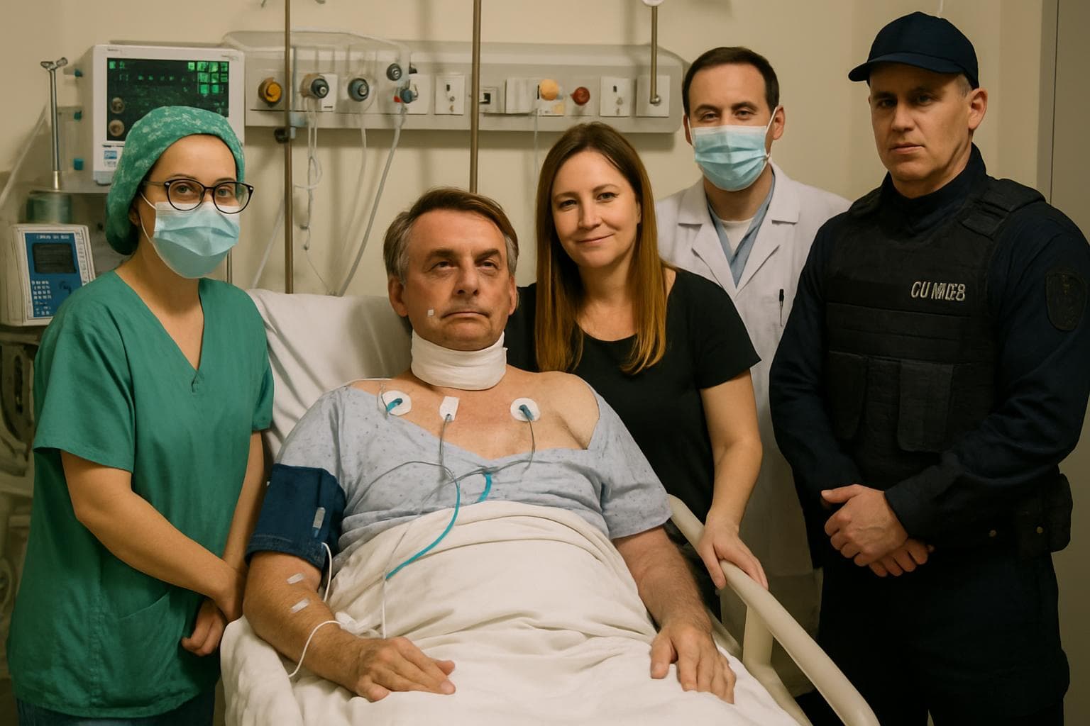 Jair Bolsonaro in hospital bed with medical staff and family