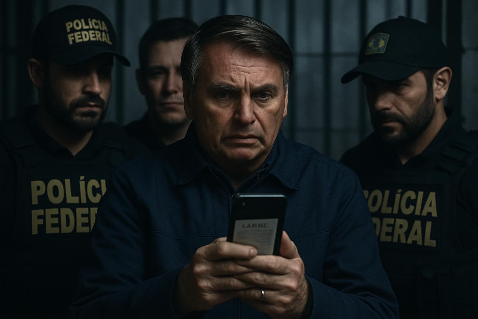 Jair Bolsonaro holding a phone with draft letter, police nearby