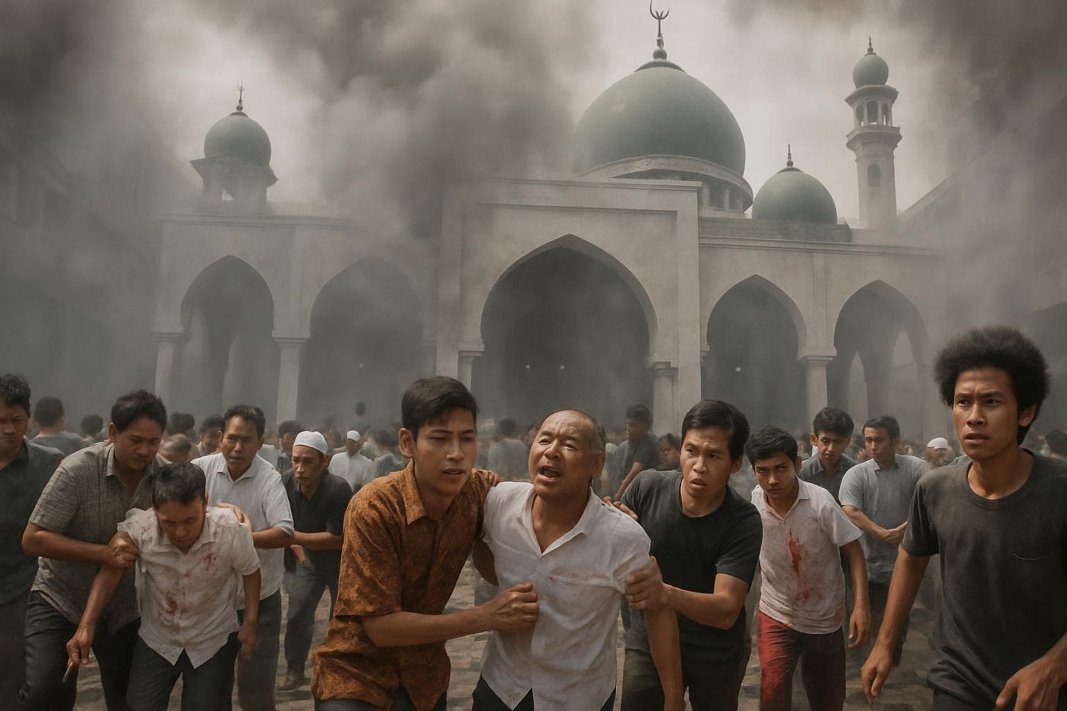 People helping injured individuals at Jakarta mosque after explosions