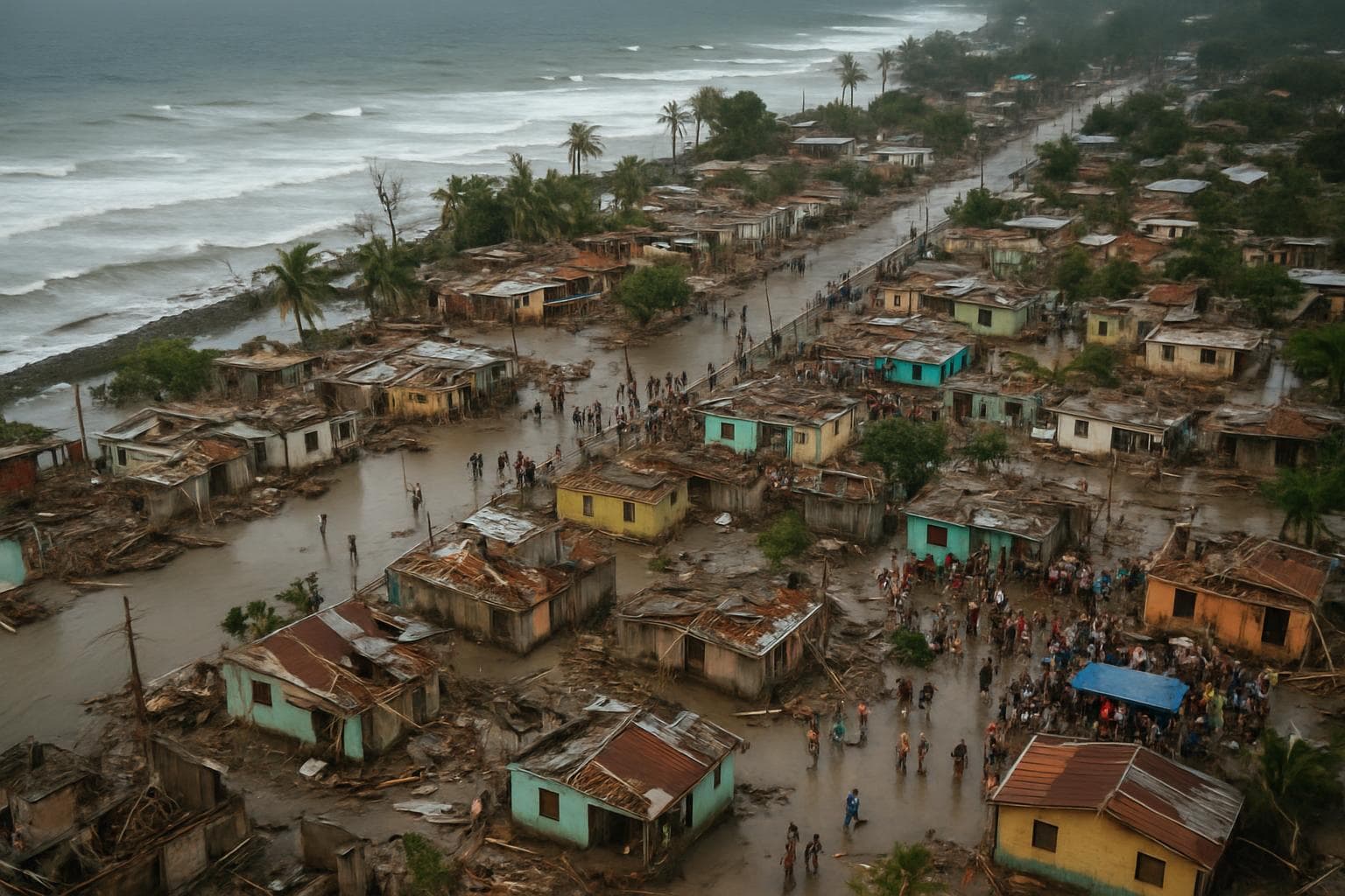 Aerial view of Jamaican coastline devastated by Hurricane Melissa