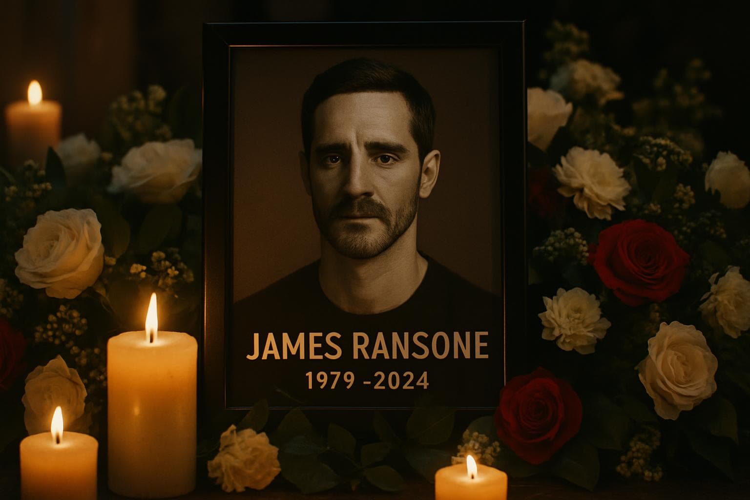 Candlelit memorial with James Ransone's image surrounded by flowers