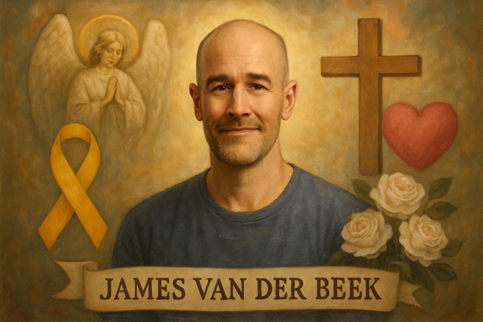 James Van Der Beek surrounded by symbols of courage and faith