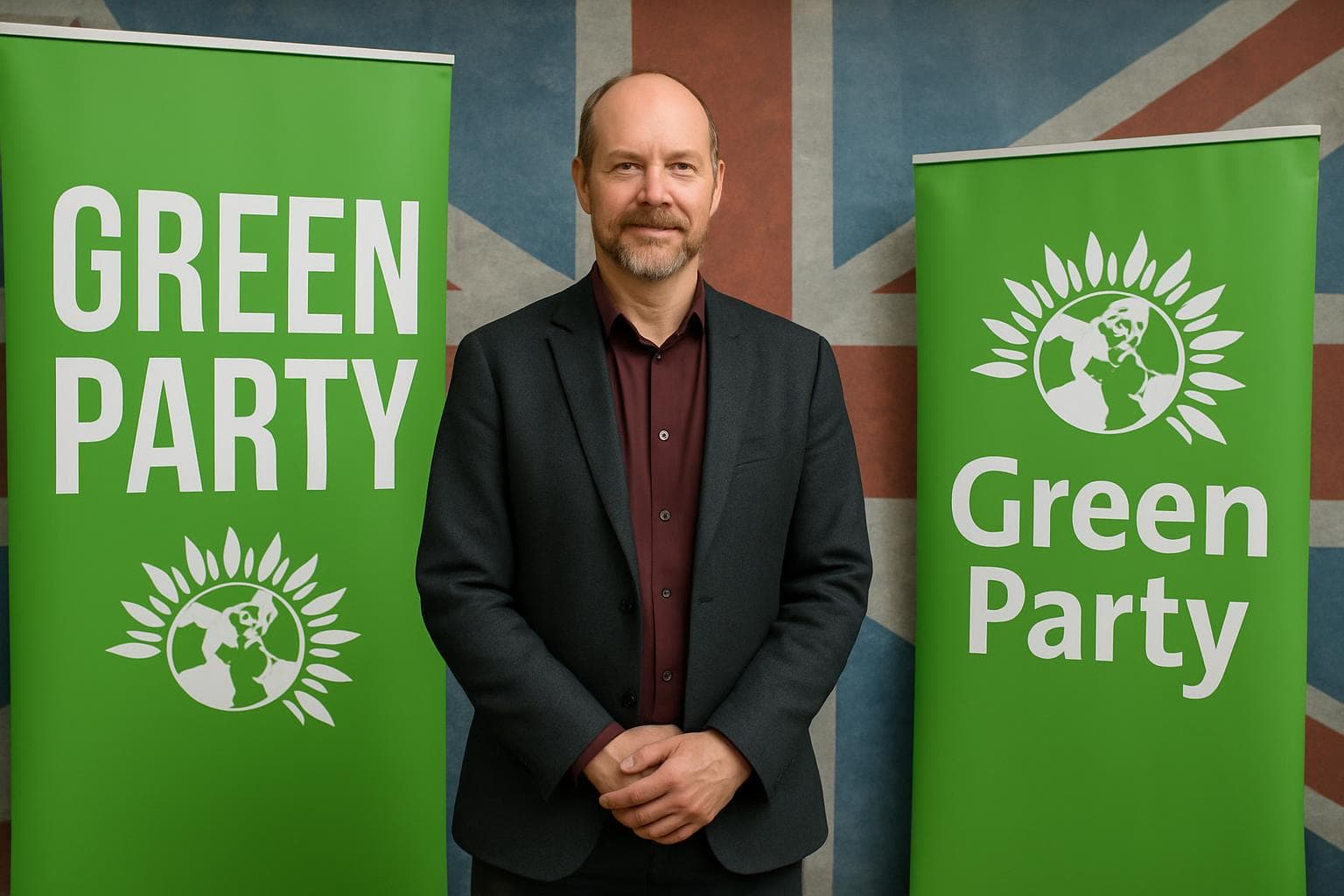 Jamie Driscoll standing with Green Party banners