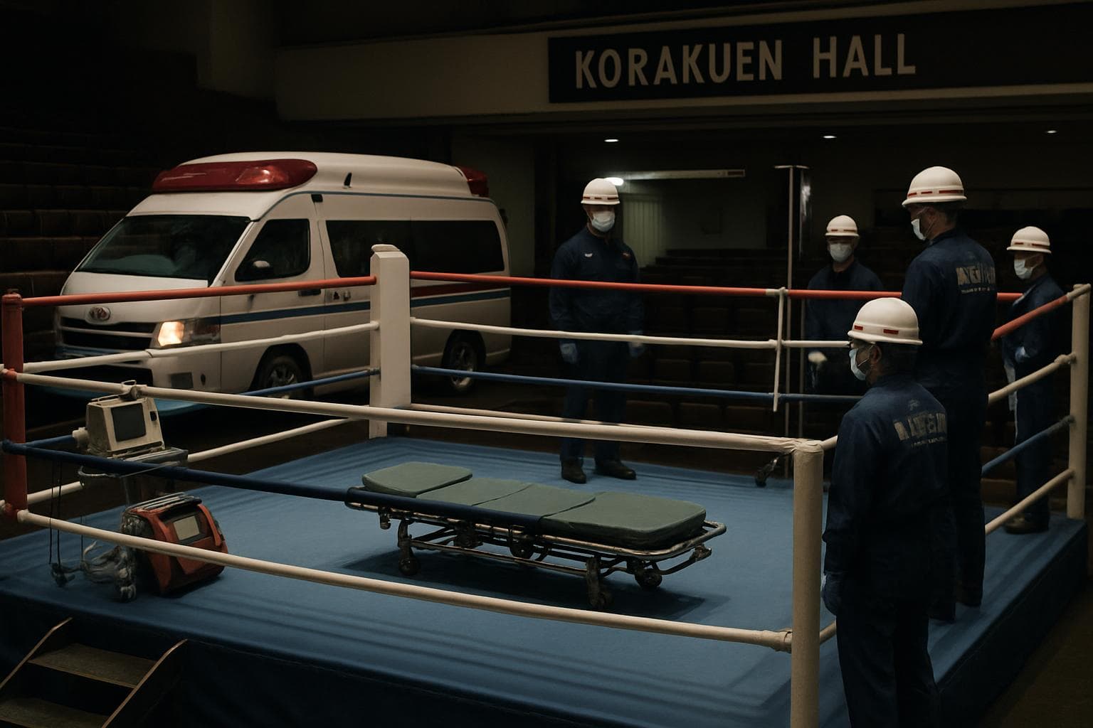 Boxing ring in Tokyo with medical equipment and personnel