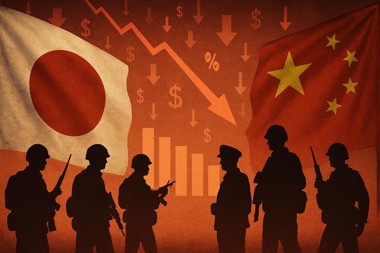 Japanese and Chinese flags with economic symbols and military silhouettes
