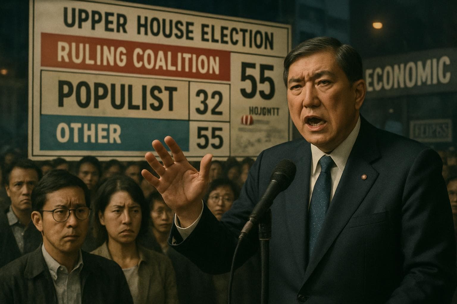 Japanese Prime Minister Shigeru Ishiba addresses a crowd with election results displayed behind him.