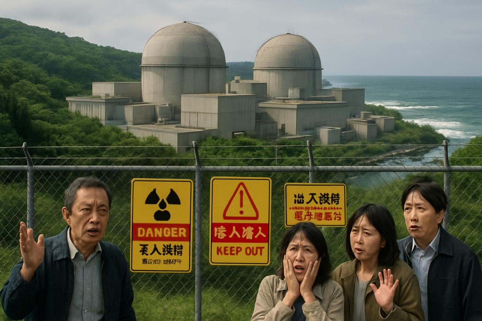 Dormant nuclear plant with greenery and ocean in Japan