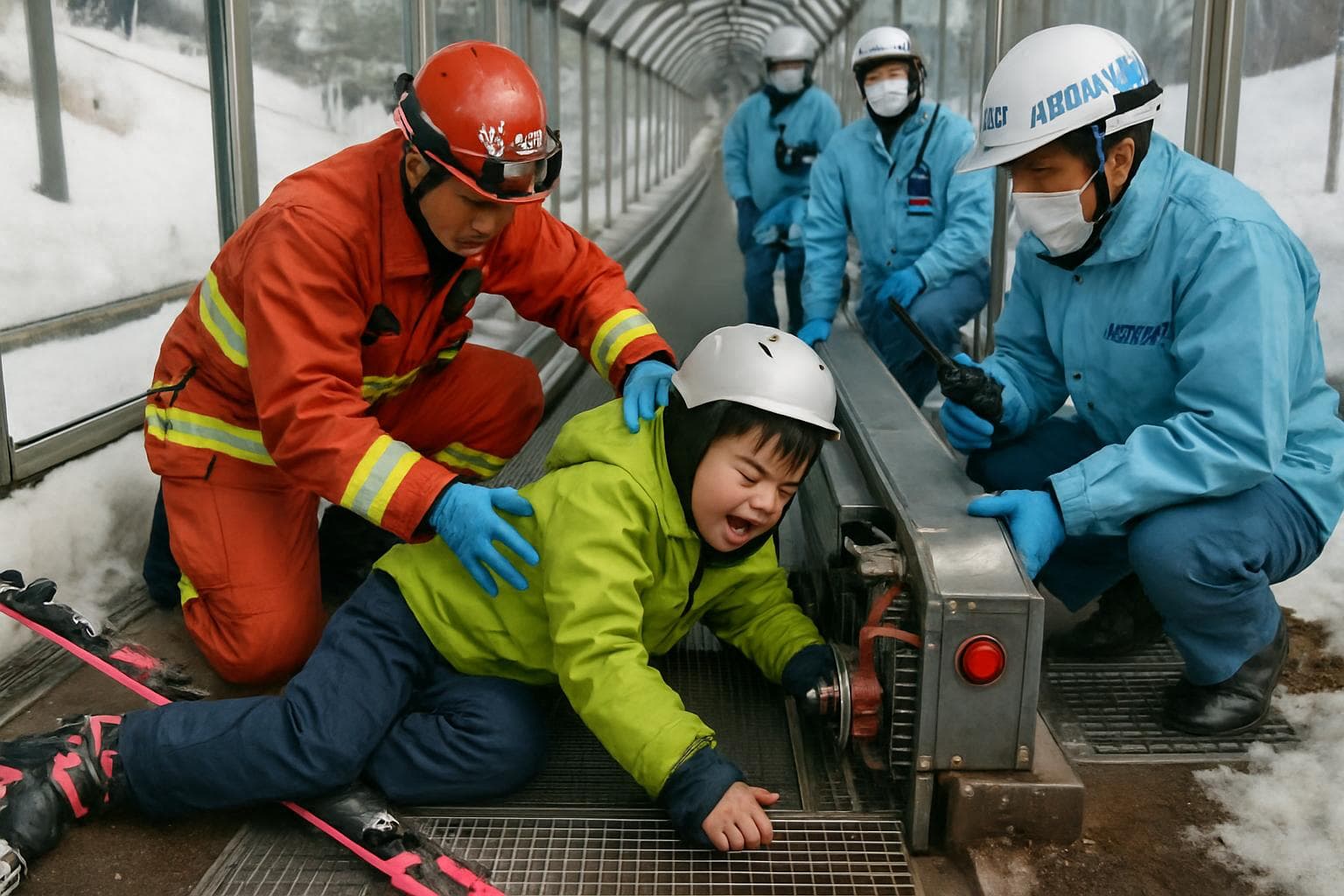 Young boy's arm caught in ski resort travelator