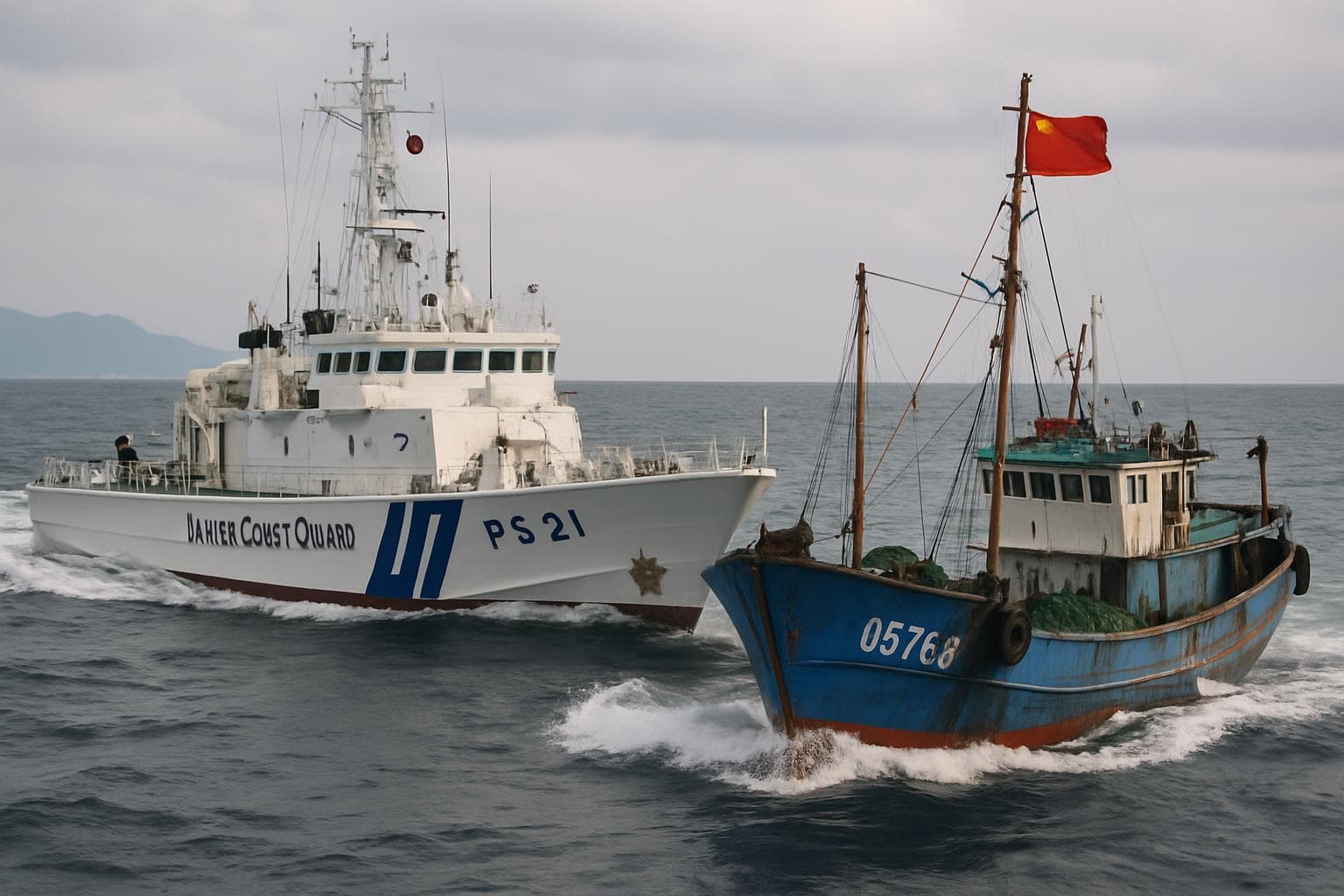 Japanese patrol boat intercepting a Chinese fishing vessel