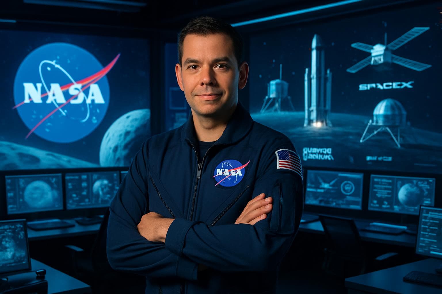 Jared Isaacman in NASA mission control with holographic displays