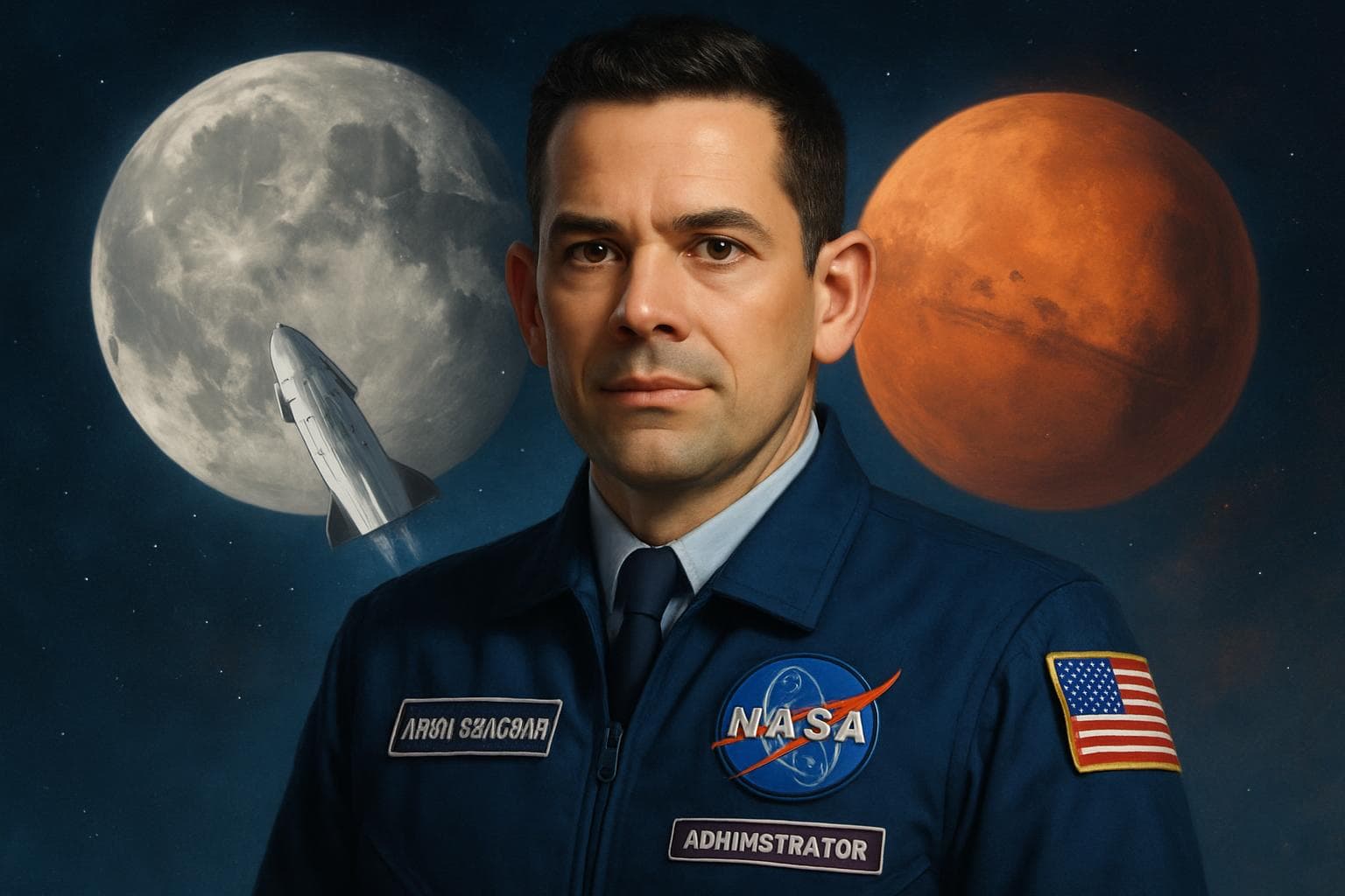 Jared Isaacman in NASA uniform with Moon and Mars backdrop